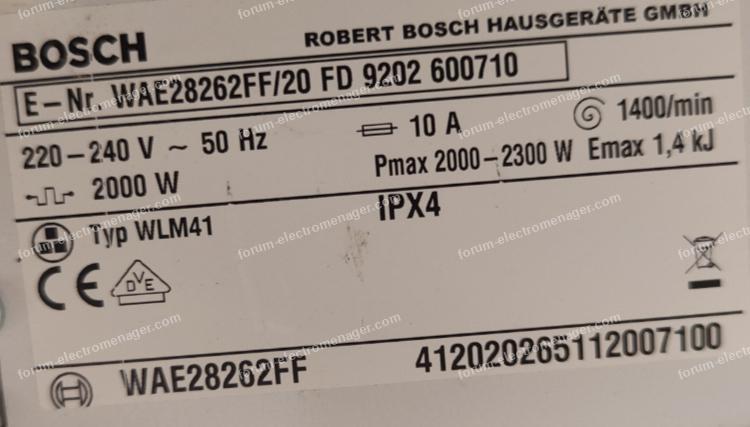 panne machine à laver Bosch WAE 28262FF/20