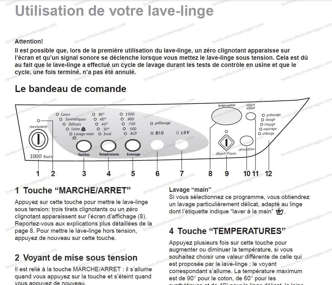 panneau de commande lave-linge Arthur Martin